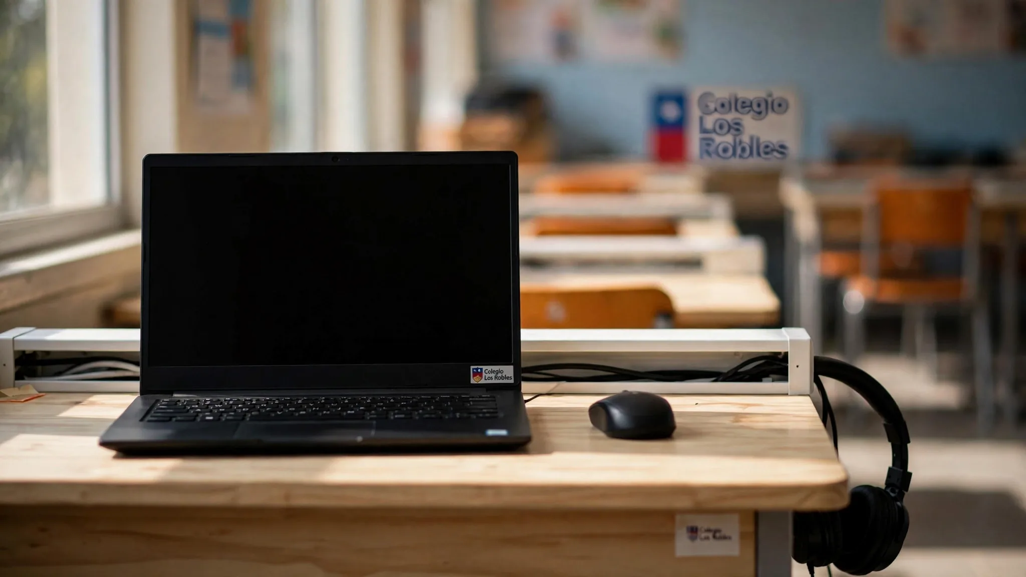 Puesto de laboratorio de computación escolar con notebook, mouse, audífonos de diadema y canaleta de gestión de cables bajo la mesa