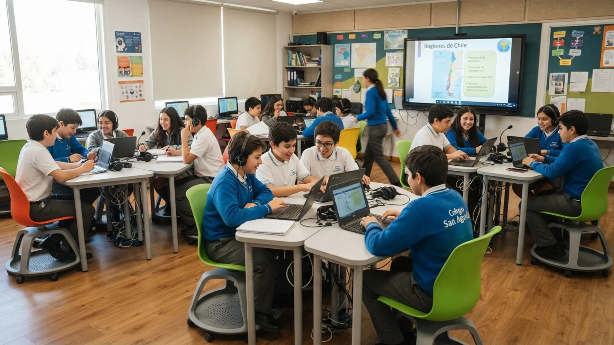 Laboratorio de computación escolar con filas de mesas y notebooks, sillas naranjas, canaletas de cables bajo las mesas y muro frontal de listones de madera