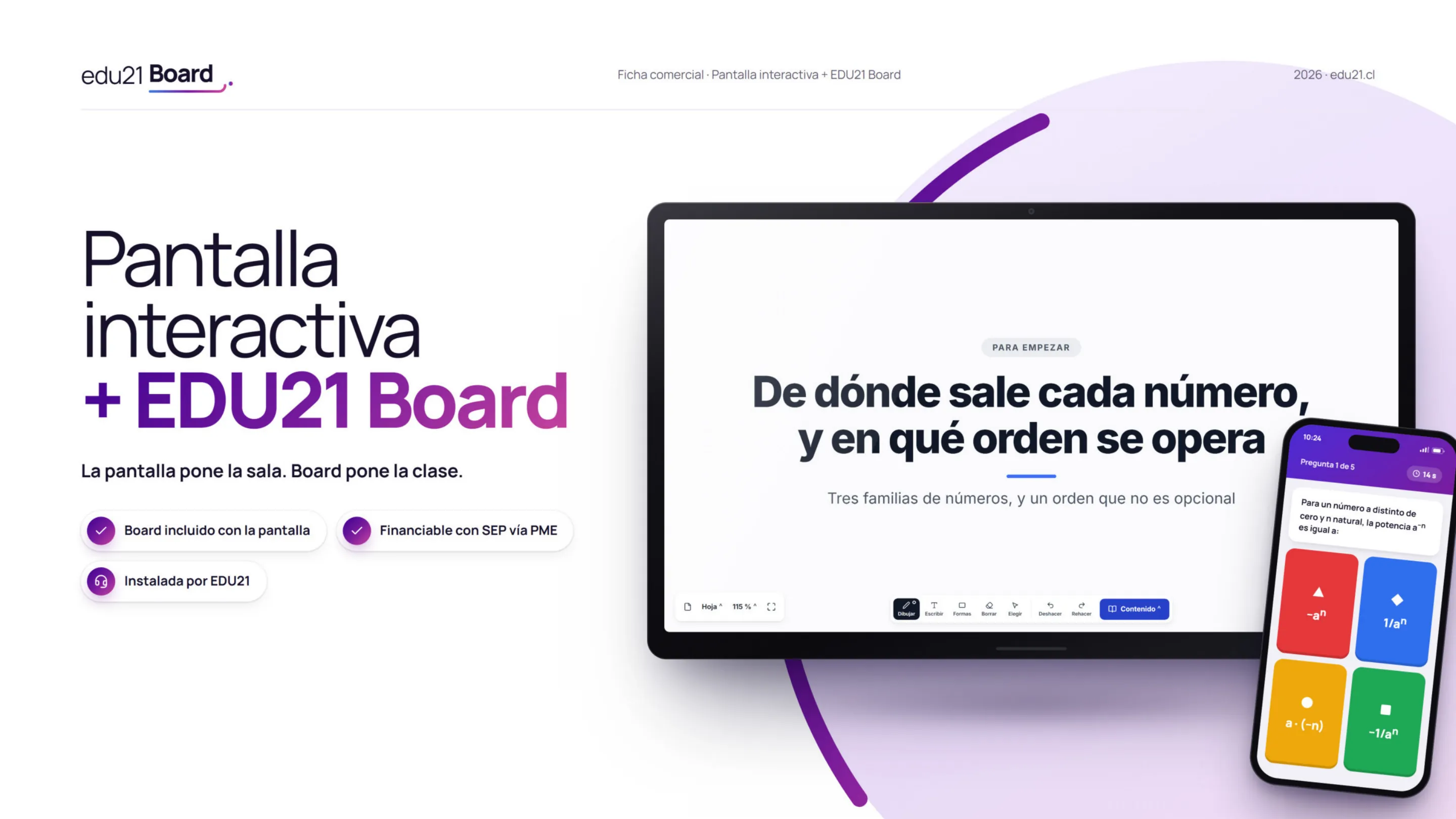 Plana 1 de la ficha de la pantalla interactiva con EDU21 Board: Portadilla. La pantalla pone la sala. Board pone la clase.