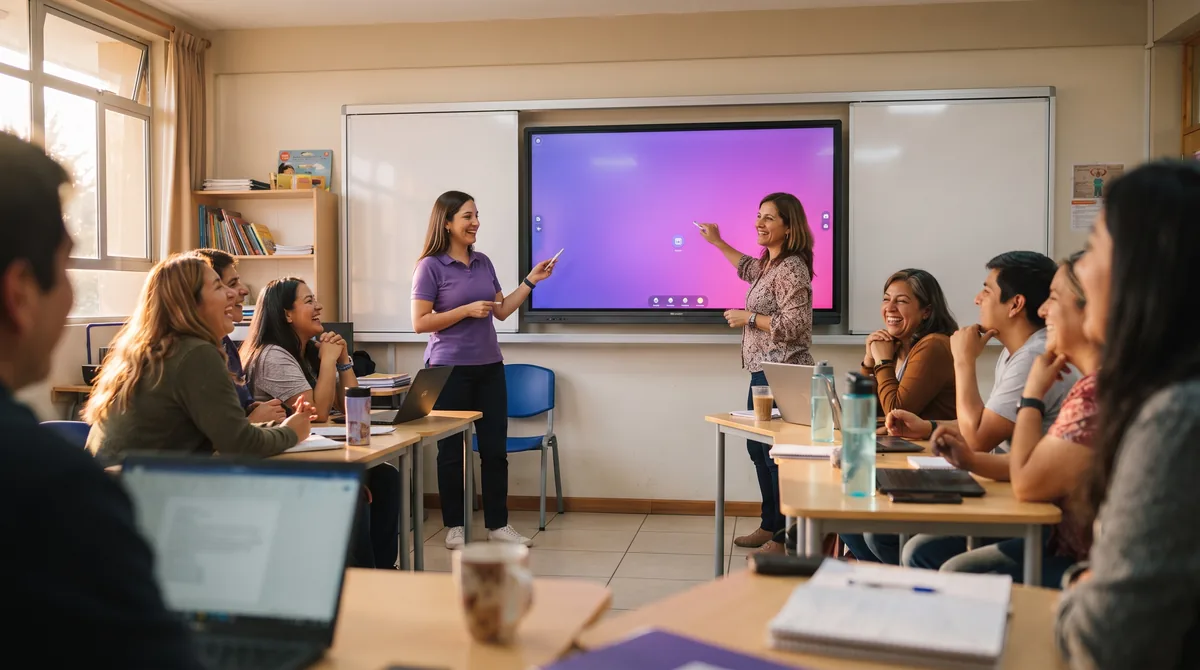 Equipo docente en capacitación con la pantalla interactiva